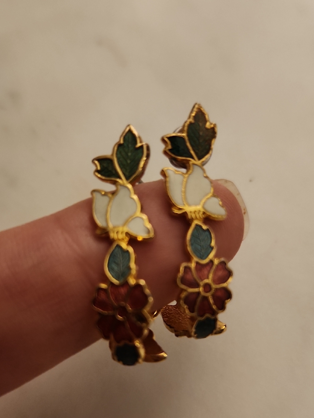 Gold-Tone Floral Enamel Hoop Earrings in Green, White & Red Leaves & Flowers - Picture 2 of 9